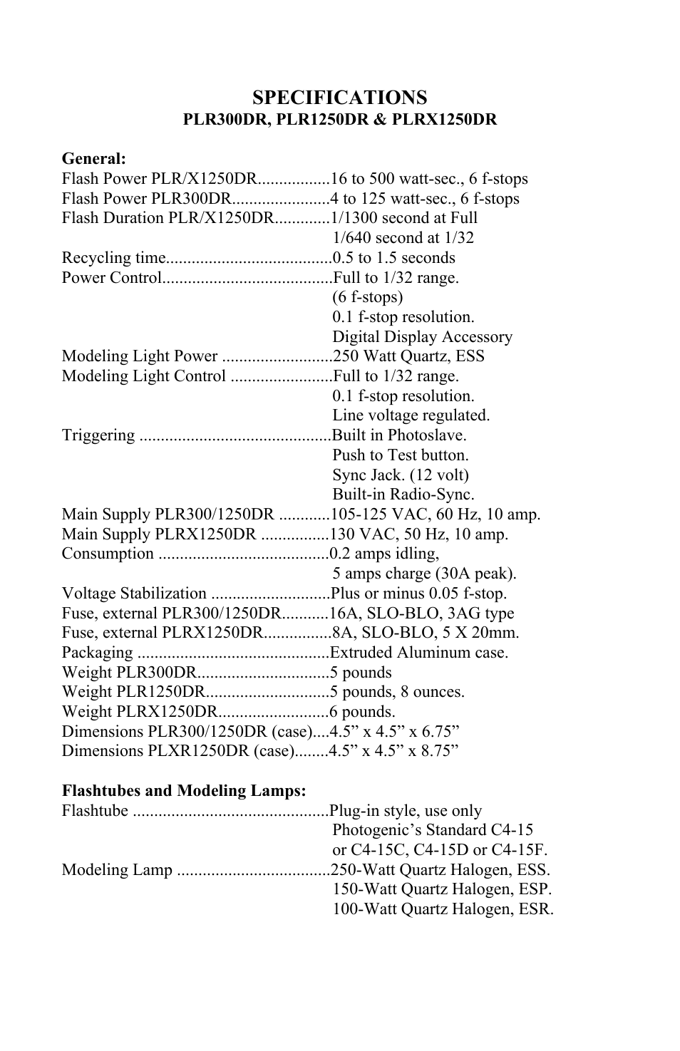 Specifications | Photogenic Professional Lighting Radio Sync PowerLight User Manual | Page 9 / 19