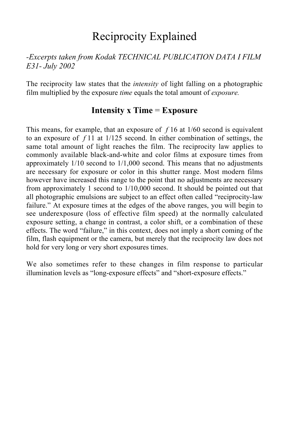 Reciprocity explained, Intensity x time = exposure | Photogenic Professional Lighting Radio Sync Solair User Manual | Page 12 / 24