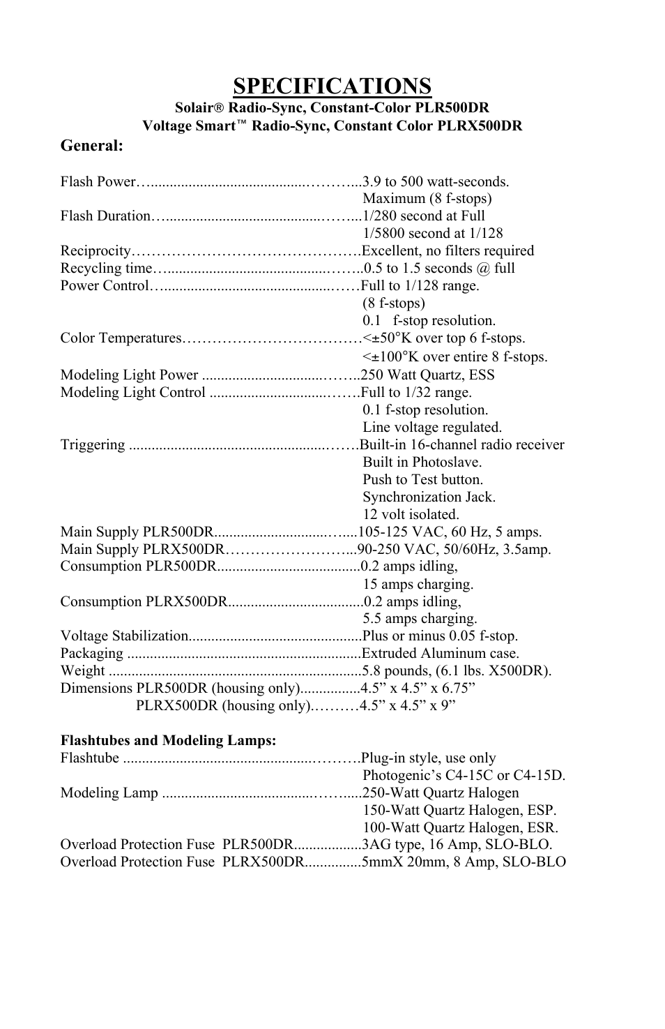 Specifications | Photogenic Professional Lighting Radio Sync Solair User Manual | Page 15 / 24