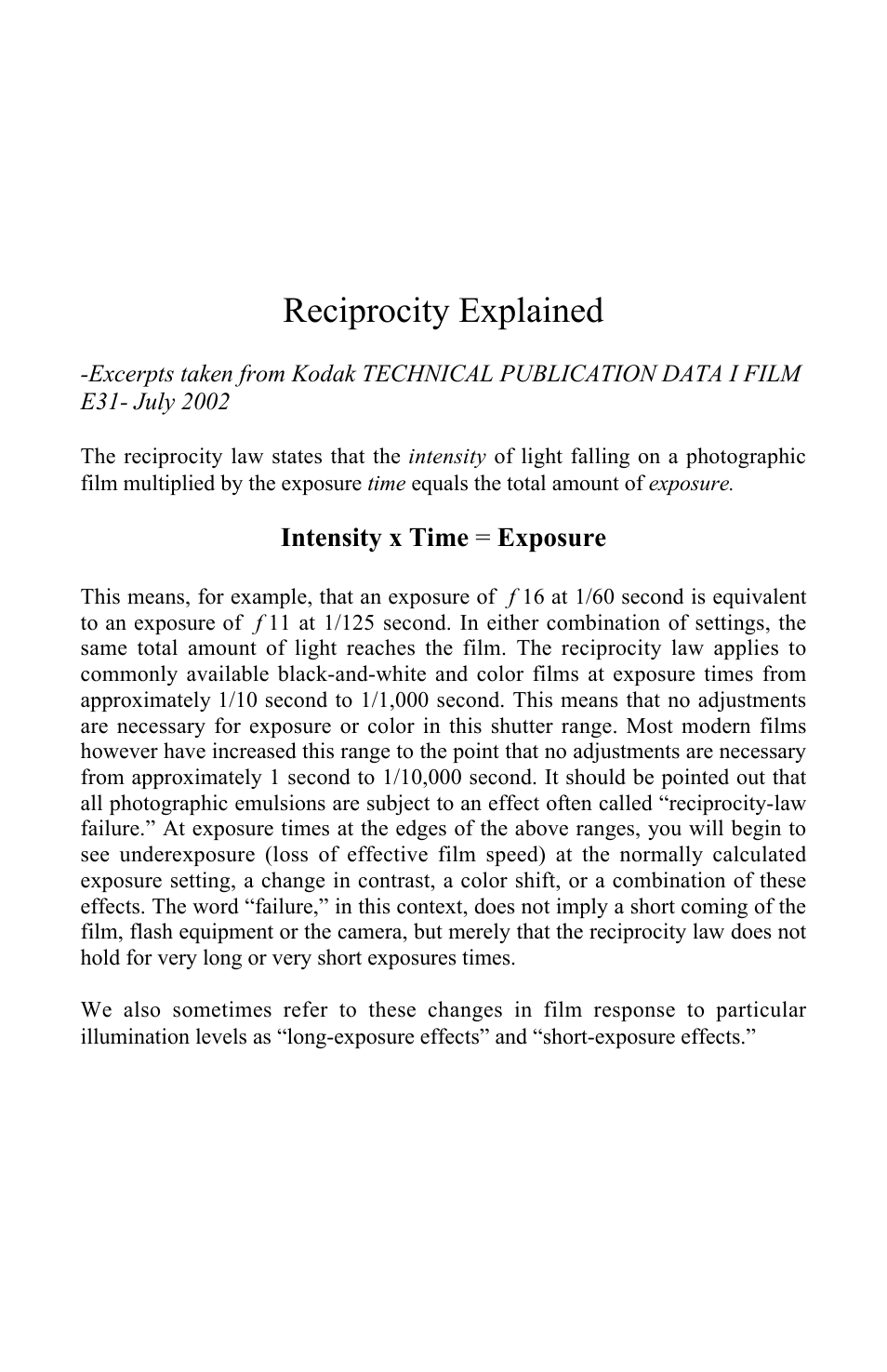 Reciprocity explained, Intensity x time = exposure | Photogenic Professional Lighting Solair User Manual | Page 12 / 24