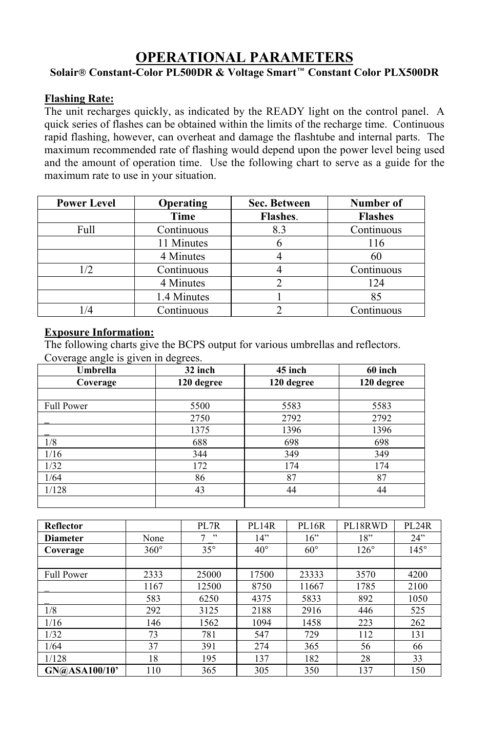 Operational parameters | Photogenic Professional Lighting Solair User Manual | Page 14 / 24