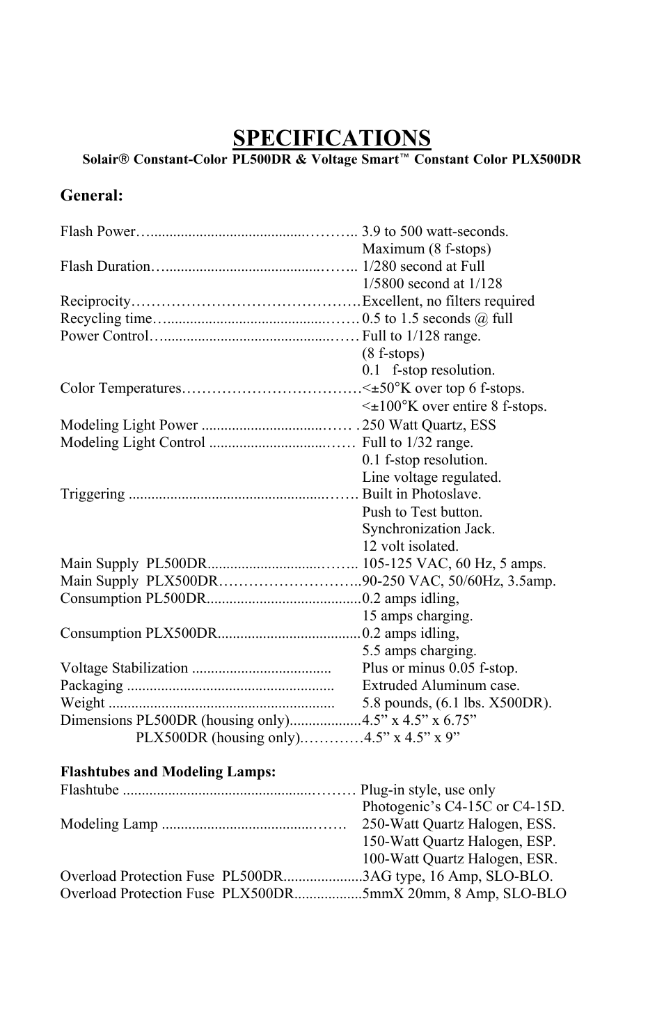 Specifications | Photogenic Professional Lighting Solair User Manual | Page 15 / 24