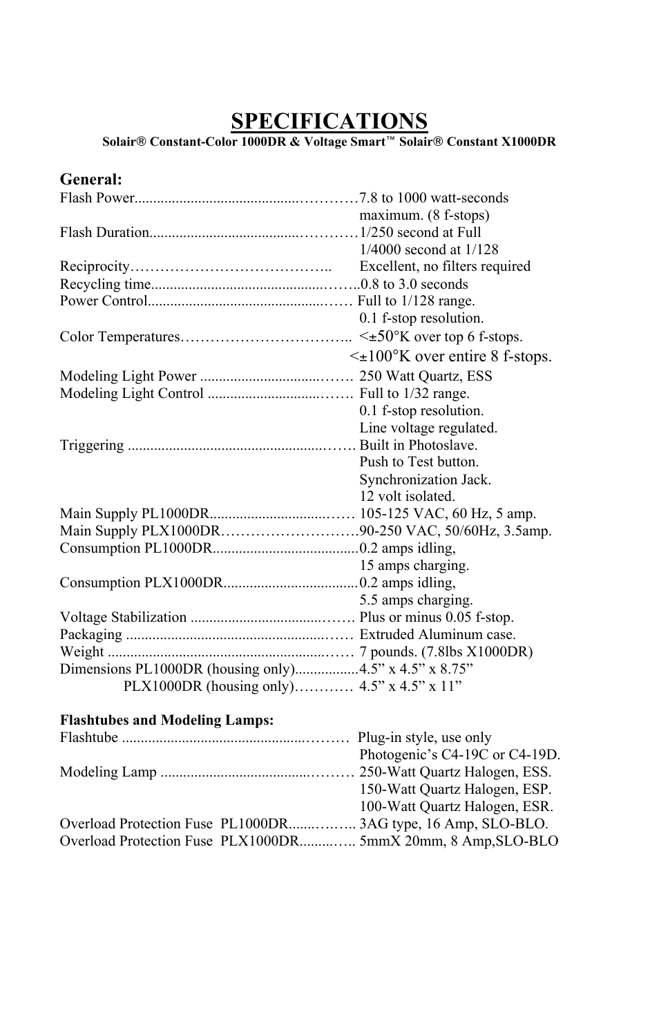 Specifications | Photogenic Professional Lighting Solair User Manual | Page 17 / 24