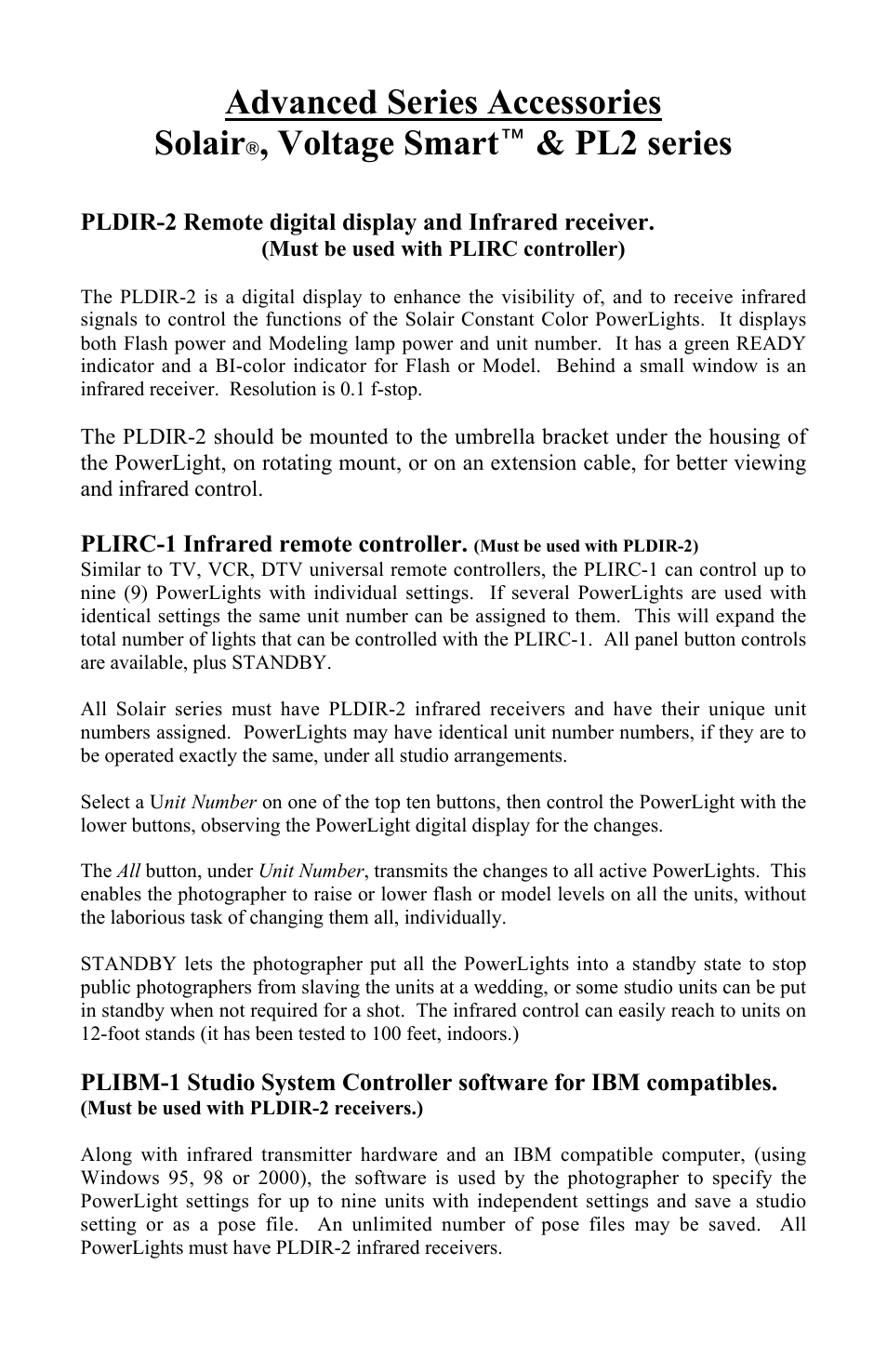 Advanced series accessories solair, Voltage smart" & pl2 series | Photogenic Professional Lighting Solair User Manual | Page 20 / 24