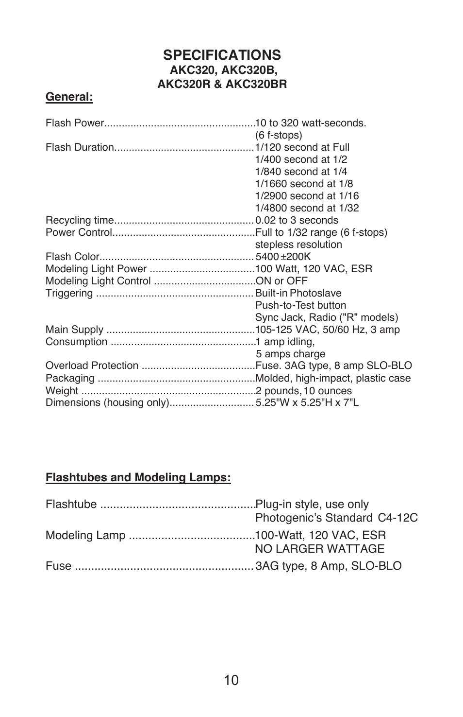 0 specifications | Photogenic Professional Lighting StudioMaxIII rev 5 User Manual | Page 10 / 16