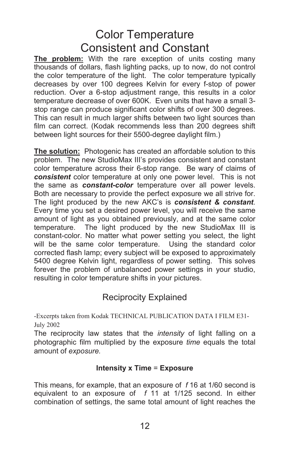 Color temperature consistent and constant | Photogenic Professional Lighting StudioMaxIII rev 5 User Manual | Page 12 / 16