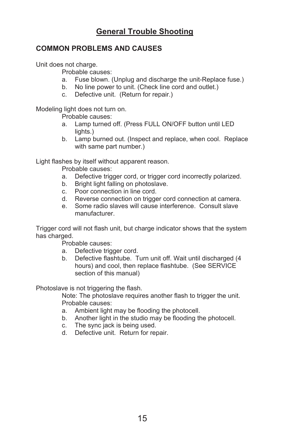 General trouble shooting | Photogenic Professional Lighting StudioMaxIII rev 5 User Manual | Page 15 / 16
