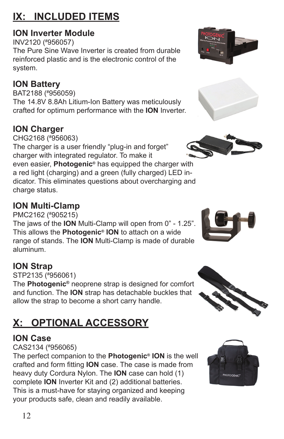 X: optional accessory, Ix: included items, 12 ion inverter module | Ion battery, Ion charger, Ion multi-clamp, Ion case, Ion strap | Photogenic Professional Lighting ION User Manual | Page 12 / 16