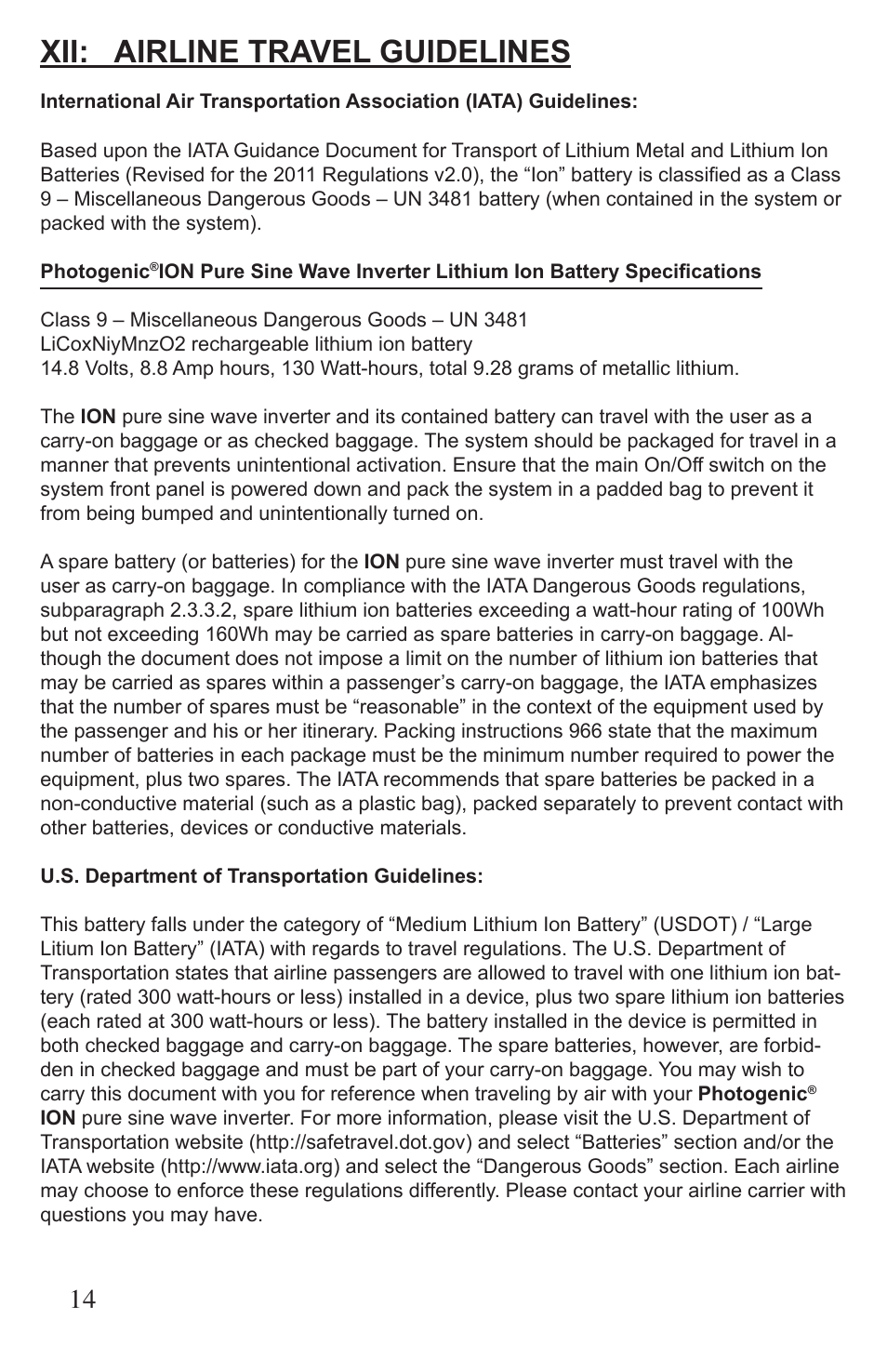 Xii: airline travel guidelines | Photogenic Professional Lighting ION User Manual | Page 14 / 16