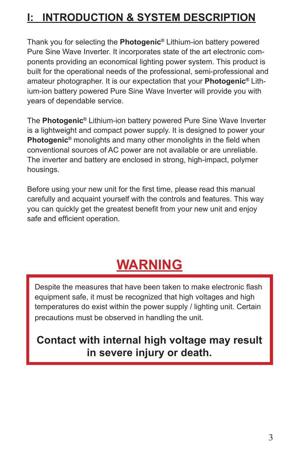 Warning, I: introduction & system description | Photogenic Professional Lighting ION User Manual | Page 3 / 16