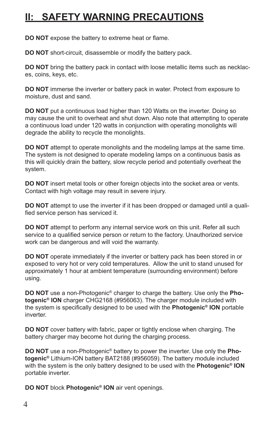 Ii: safety warning precautions | Photogenic Professional Lighting ION User Manual | Page 4 / 16