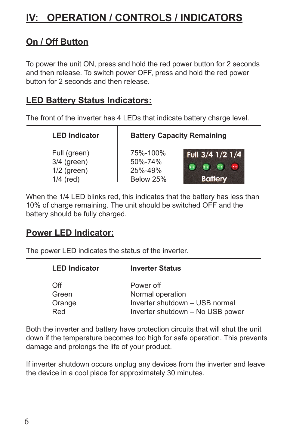 Iv: operation / controls / indicators, On / off button, Led battery status indicators | Power led indicator | Photogenic Professional Lighting ION User Manual | Page 6 / 16