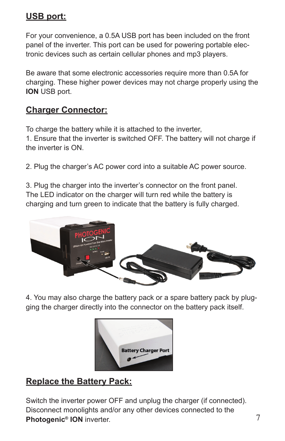 7usb port, Charger connector, Replace the battery pack | Photogenic Professional Lighting ION User Manual | Page 7 / 16