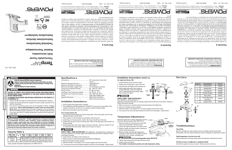 Powers 105 Series TempTAP Lead Free Thermostatic Faucets User Manual | 2 pages