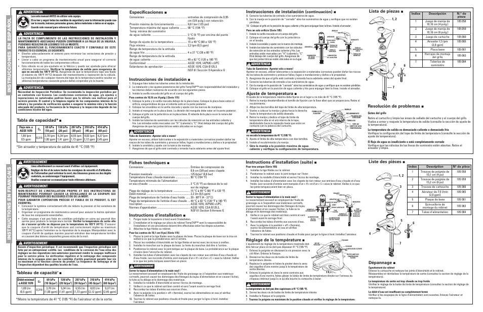 Especificaciones, Tabla de capacidad, Instrucciones de instalación | Ajuste de temperatura, Resolución de problemas, Lista de piezas, Fiches techniques, Tableau de capacité, Instructions d’installation, Réglage de la température | Powers 105 Series TempTAP Lead Free Thermostatic Faucets User Manual | Page 2 / 2