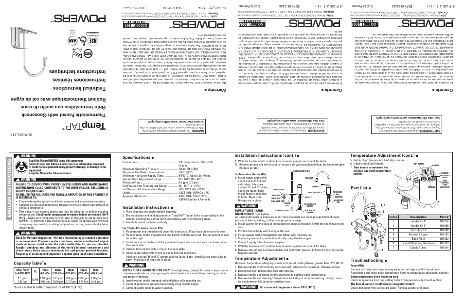 Powers 215 Series TempTAP Lead Free Gooseneck Thermostatic Faucets User Manual | 2 pages