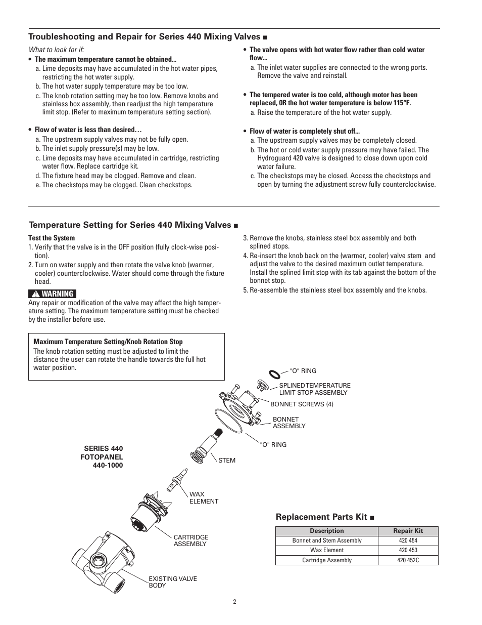 Temperature setting for series 440 mixing valves, Replacement parts kit | Powers 440 Series Fotopanel User Manual | Page 2 / 4
