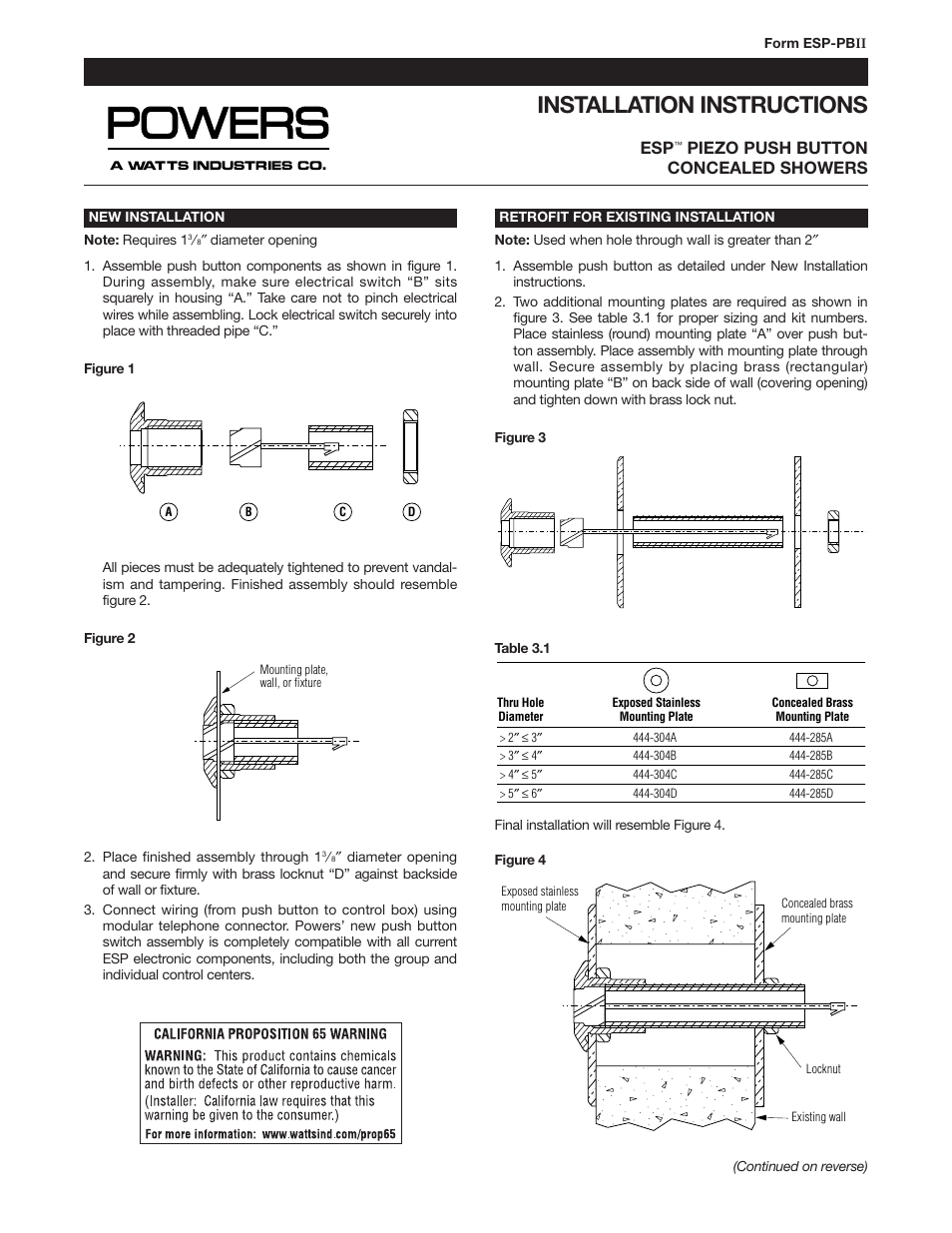 Powers 447 Piezo HydroGuard ESP Pushbutton Sensor Shower - Piezo Retrofit User Manual | 2 pages
