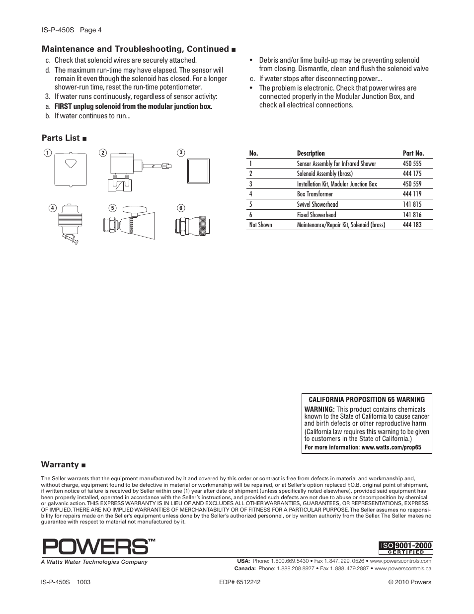 Warranty, Maintenance and troubleshooting, continued, Parts list | Powers 450 Infrared ESP HydroPanel II Infrared Sensor System User Manual | Page 4 / 4