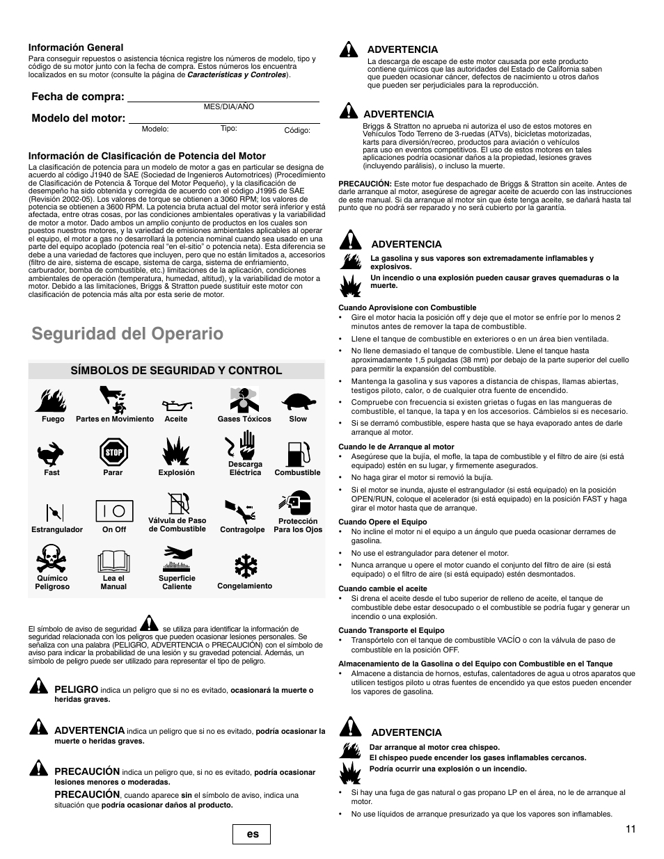 Seguridad del operario, 11 es, Fecha de compra: modelo del motor | Símbolos de seguridad y control, Información general, Información de clasificación de potencia del motor, Peligro, Advertencia, Precaución | Briggs & Stratton 90000 User Manual | Page 11 / 24