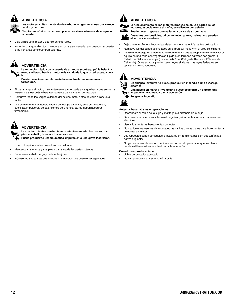 Advertencia | Briggs & Stratton 90000 User Manual | Page 12 / 24