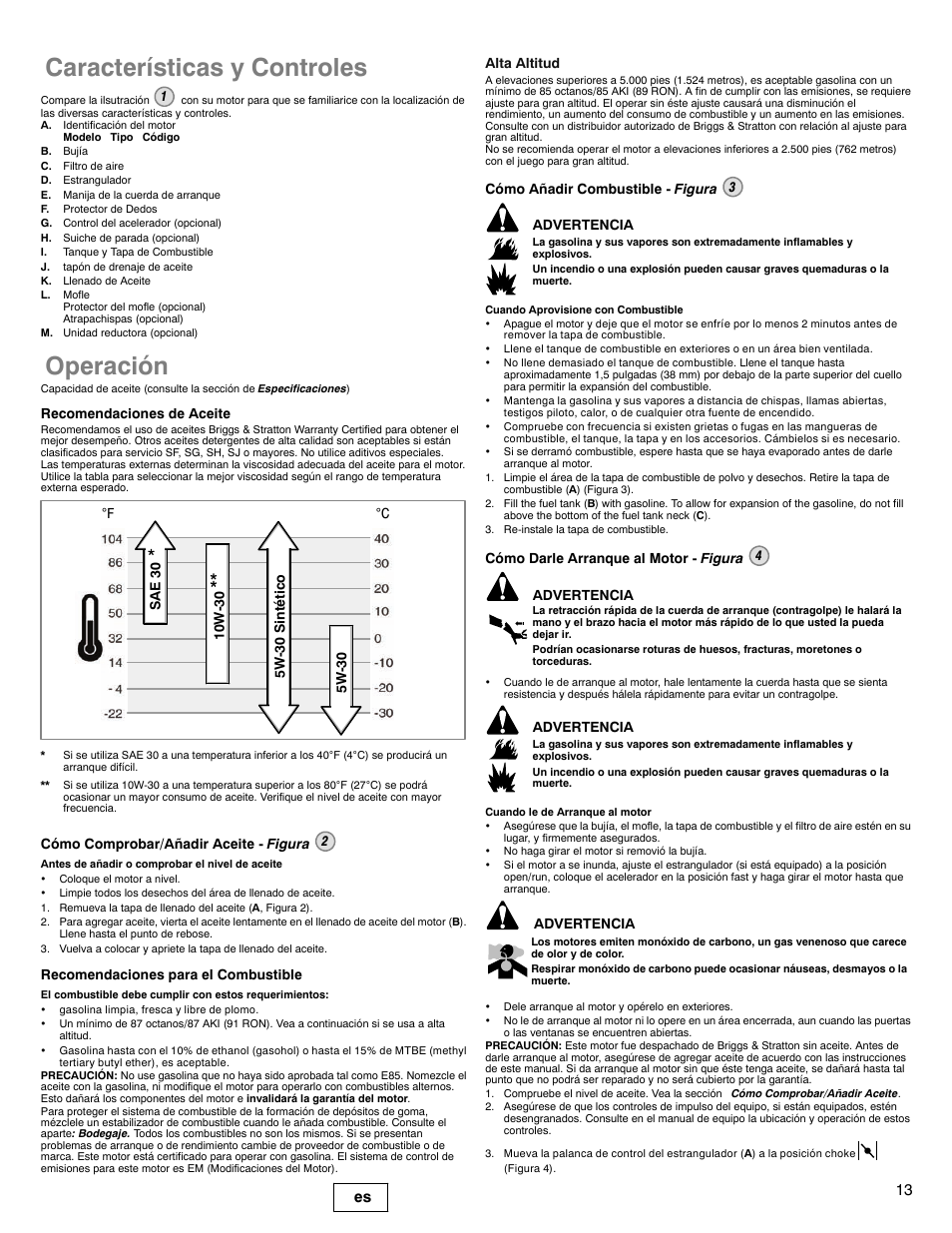 Características y controles, Operación, 13 es | Briggs & Stratton 90000 User Manual | Page 13 / 24