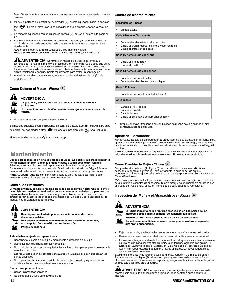 Mantenimiento, Advertencia, Cómo detener el motor - figura 4 advertencia | Control de emisiones, Cuadro de mantenimiento, Ajuste del carburador, Cómo cambiar la bujía - figura 5, Inspección del mofle y el atrapachispas - figura 6 | Briggs & Stratton 90000 User Manual | Page 14 / 24