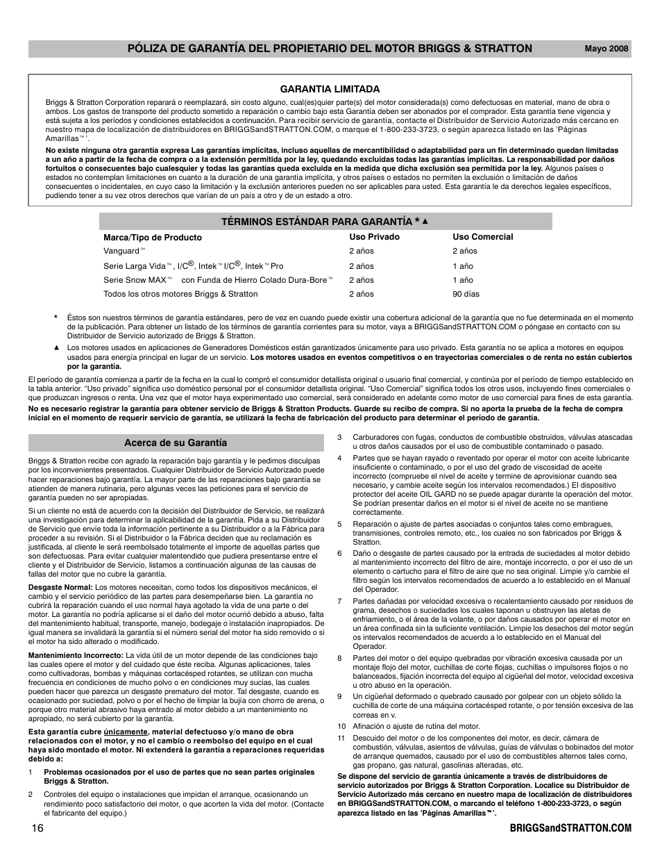 Garantia limitada términos estándar para garantía, Acerca de su garantía | Briggs & Stratton 90000 User Manual | Page 16 / 24