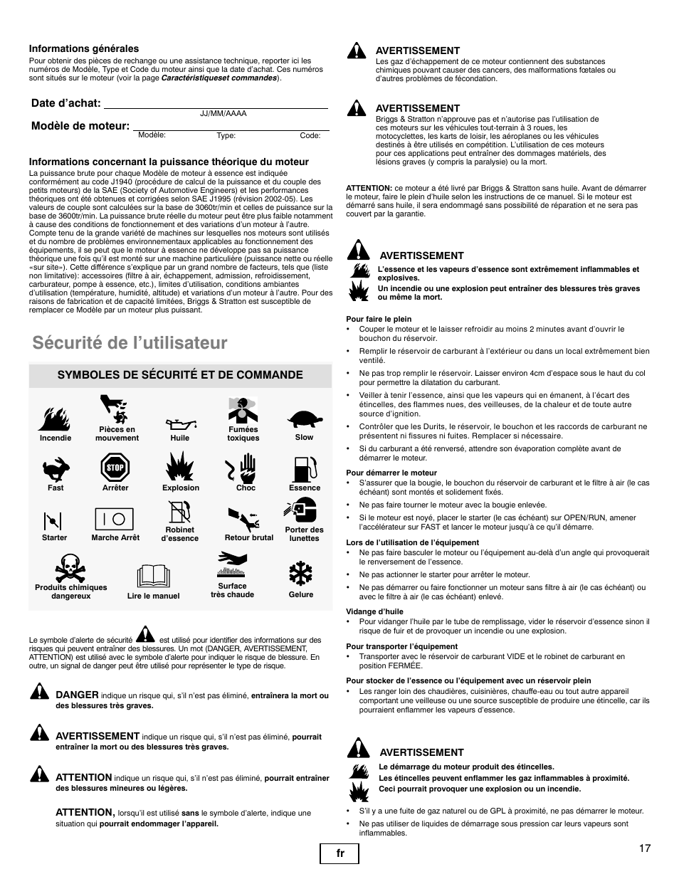 Sécurité de l’utilisateur, 17 fr, Date d’achat: modèle de moteur | Symboles de sécurité et de commande | Briggs & Stratton 90000 User Manual | Page 17 / 24