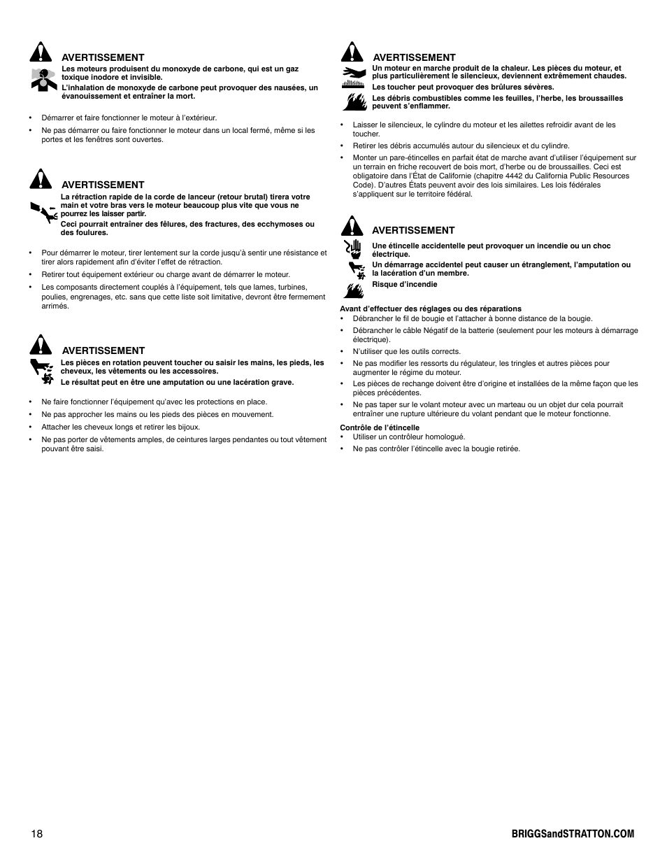 Avertissement | Briggs & Stratton 90000 User Manual | Page 18 / 24