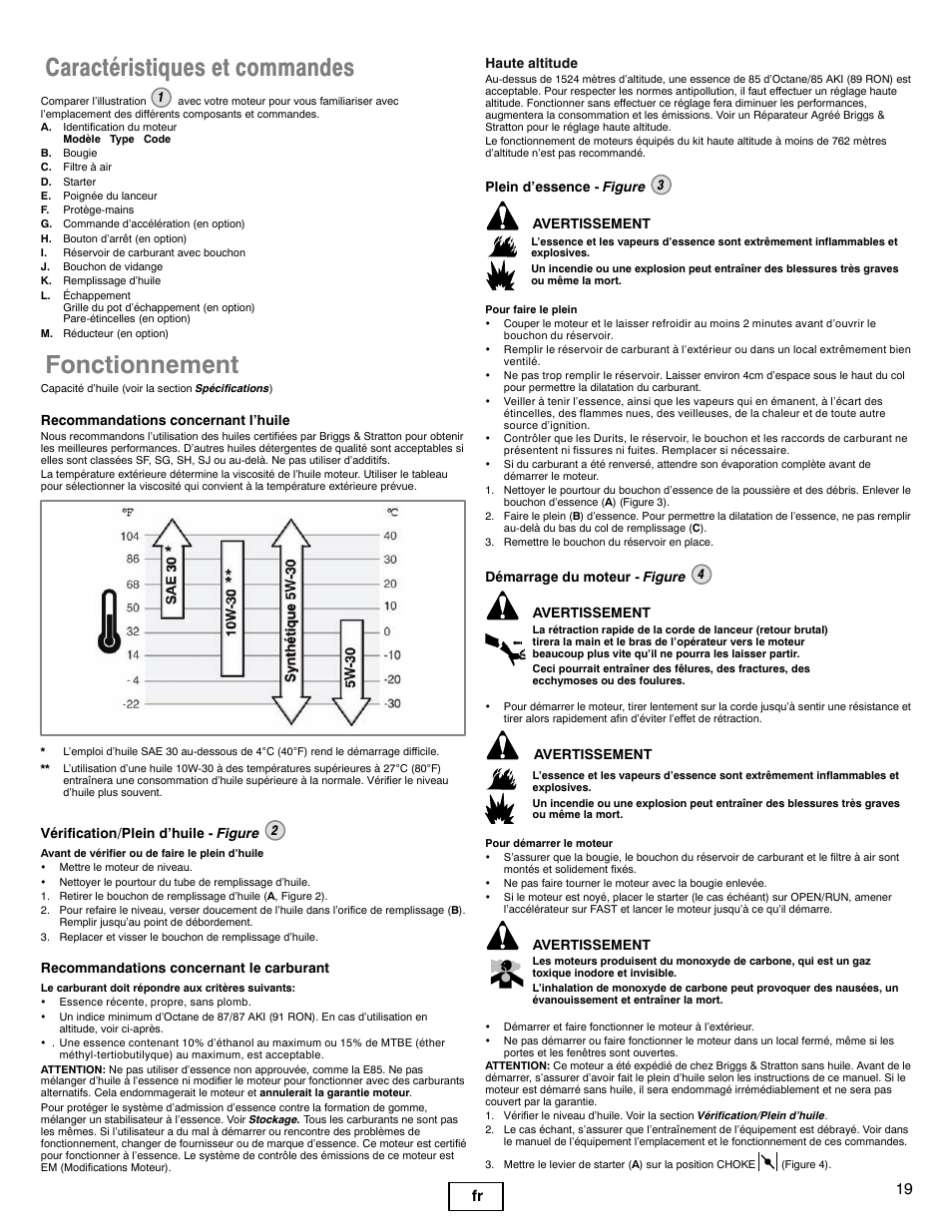 Caractéristiques et commandes, Fonctionnement, 19 fr | Briggs & Stratton 90000 User Manual | Page 19 / 24