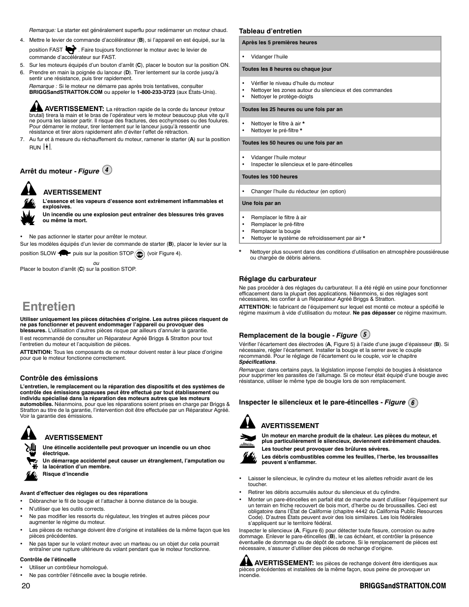 Entretien, Avertissement, Arrêt du moteur - figure 4 avertissement | Contrôle des émissions, Tableau d’entretien, Réglage du carburateur, Remplacement de la bougie - figure 5 | Briggs & Stratton 90000 User Manual | Page 20 / 24