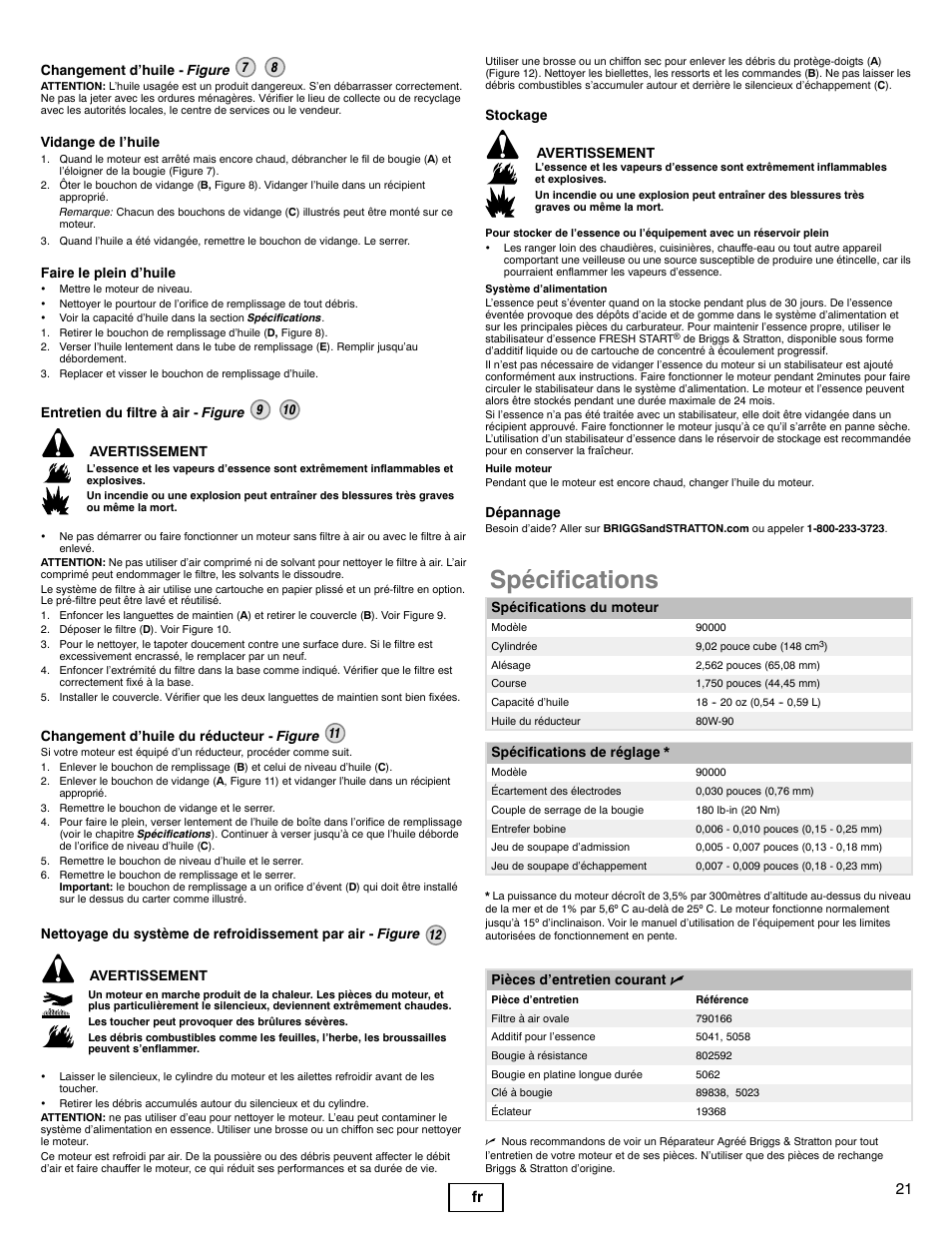 Spécifications, 21 fr | Briggs & Stratton 90000 User Manual | Page 21 / 24