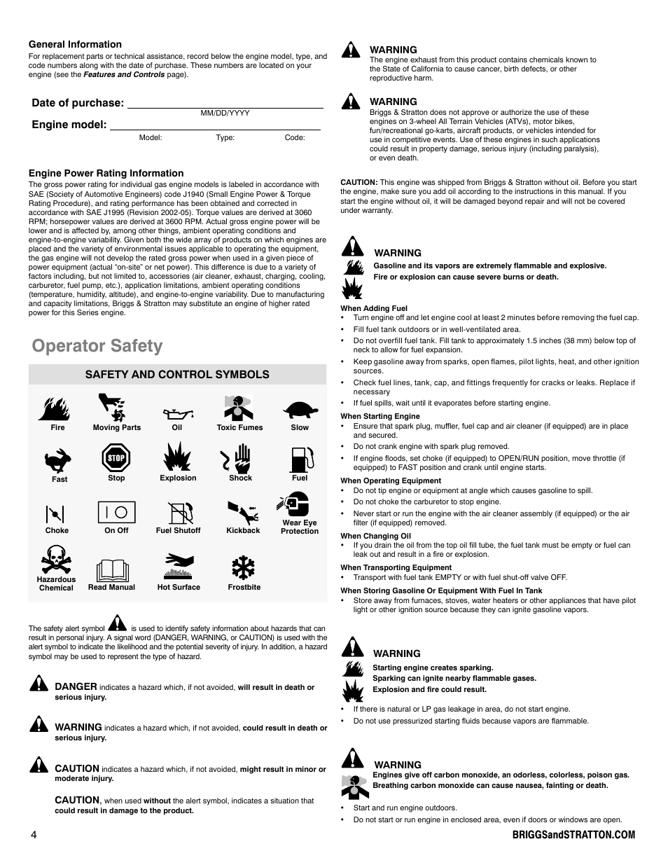 Operator safety, Date of purchase: engine model, Safety and control symbols | Briggs & Stratton 90000 User Manual | Page 4 / 24