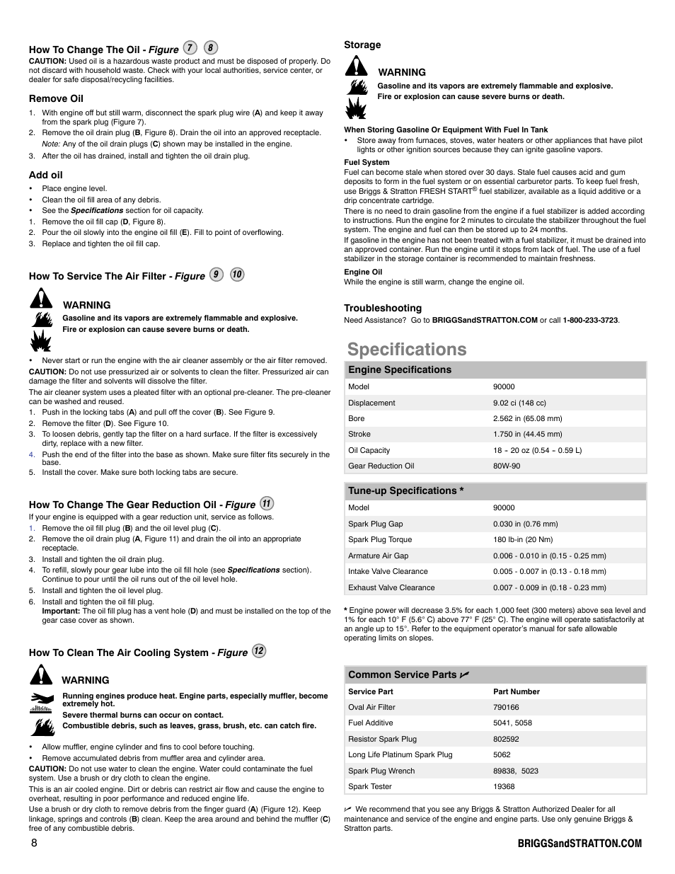 Specifications | Briggs & Stratton 90000 User Manual | Page 8 / 24