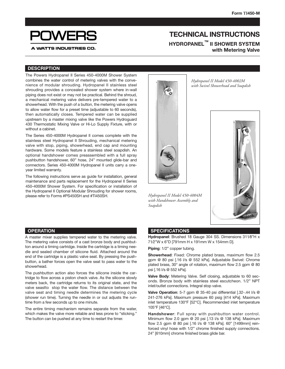 Powers 450 Meter HydroPanel II Shower System with Metering Valve User Manual | 4 pages