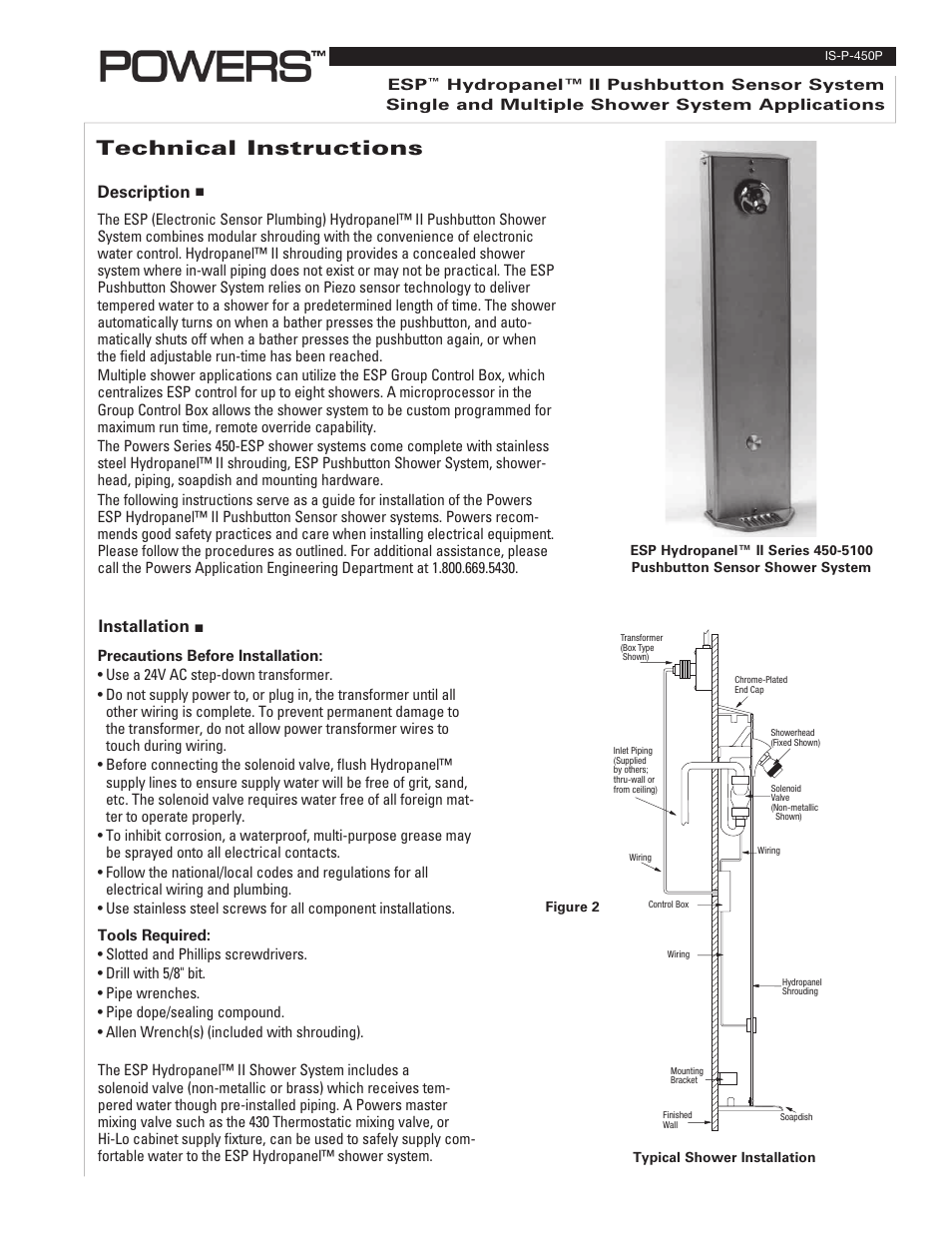 Powers 450 Piezo ESP HydroPanel II Sensor System for Single and Multiple Shower System Applications User Manual | 4 pages