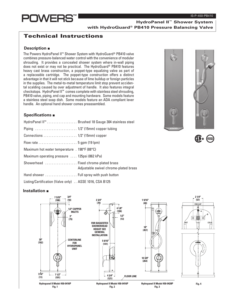 Powers 450-410P HydroPanel II Shower System with HydroGuard PB410 Pressure Balancing Valve User Manual | 4 pages