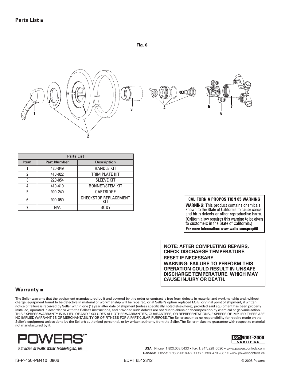 Parts list, Warranty | Powers 450-410P HydroPanel II Shower System with HydroGuard PB410 Pressure Balancing Valve User Manual | Page 4 / 4