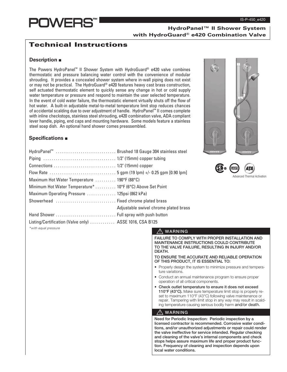 Powers 450-e420E HydroPanel II Shower System with HydroGuard e420 Thermostatic Valve User Manual | 4 pages