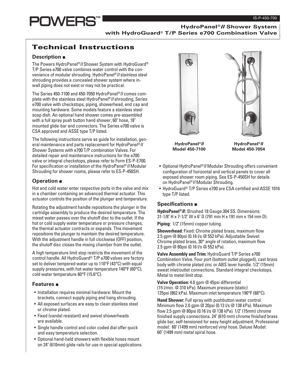 Powers 450-e700 HydroPanel II Shower System with HydroGuard T/P Series e700 Combination Valve User Manual | 4 pages