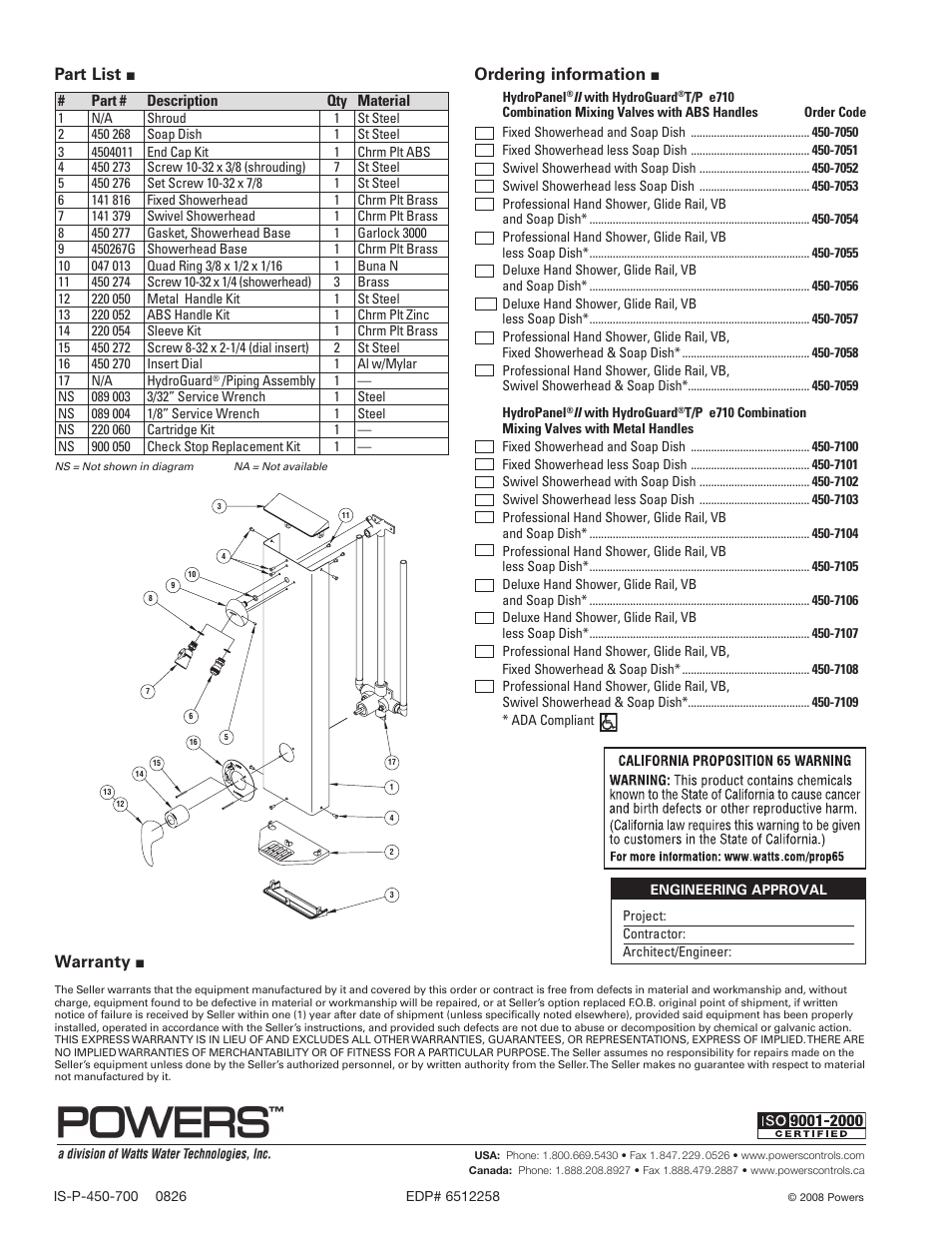 Warranty, Part list, Ordering information | Powers 450-e700 HydroPanel II Shower System with HydroGuard T/P Series e700 Combination Valve User Manual | Page 4 / 4