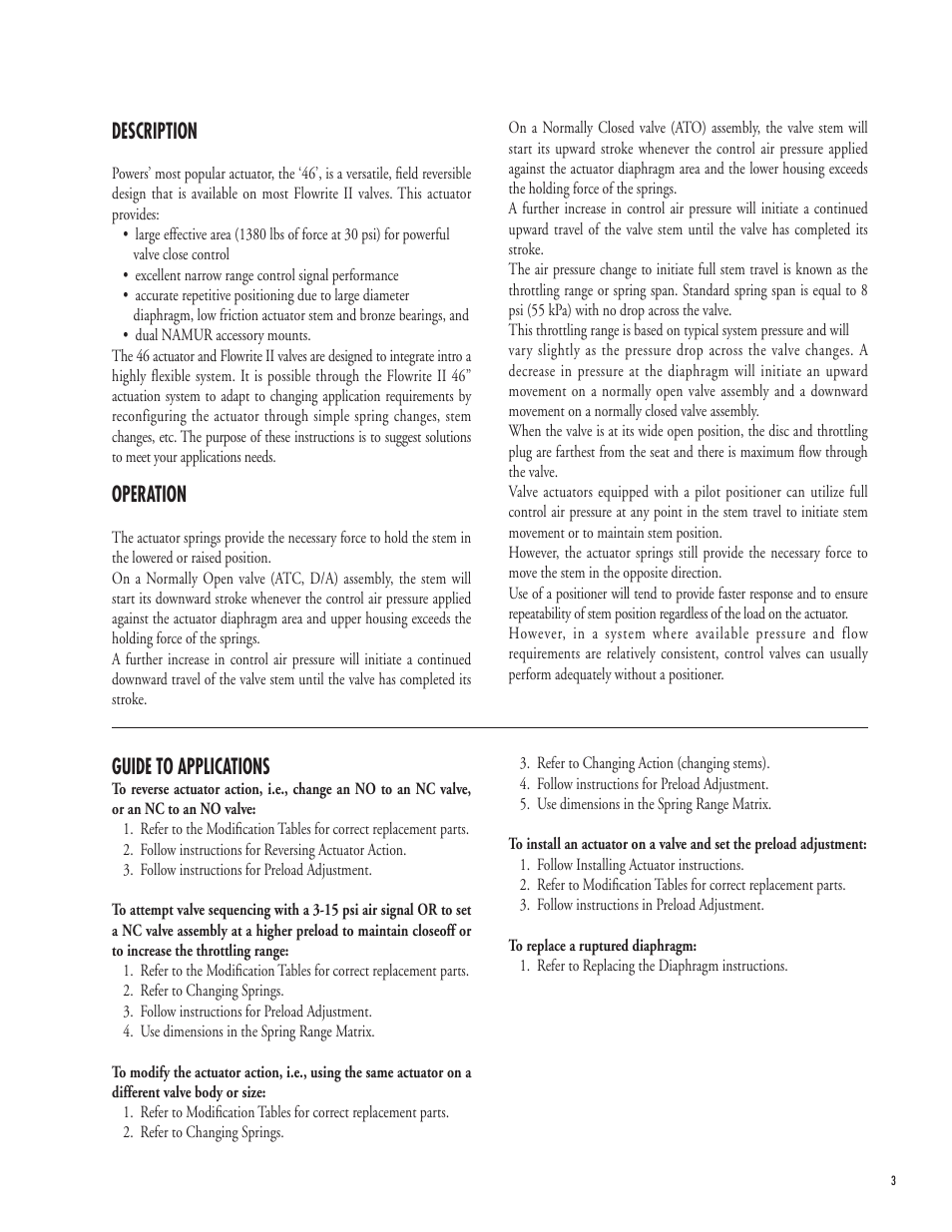 Description, Operation, Guide to applications | Powers 593 Series Flowrite II Heavy Duty Bronze Globe Control Valves User Manual | Page 3 / 16