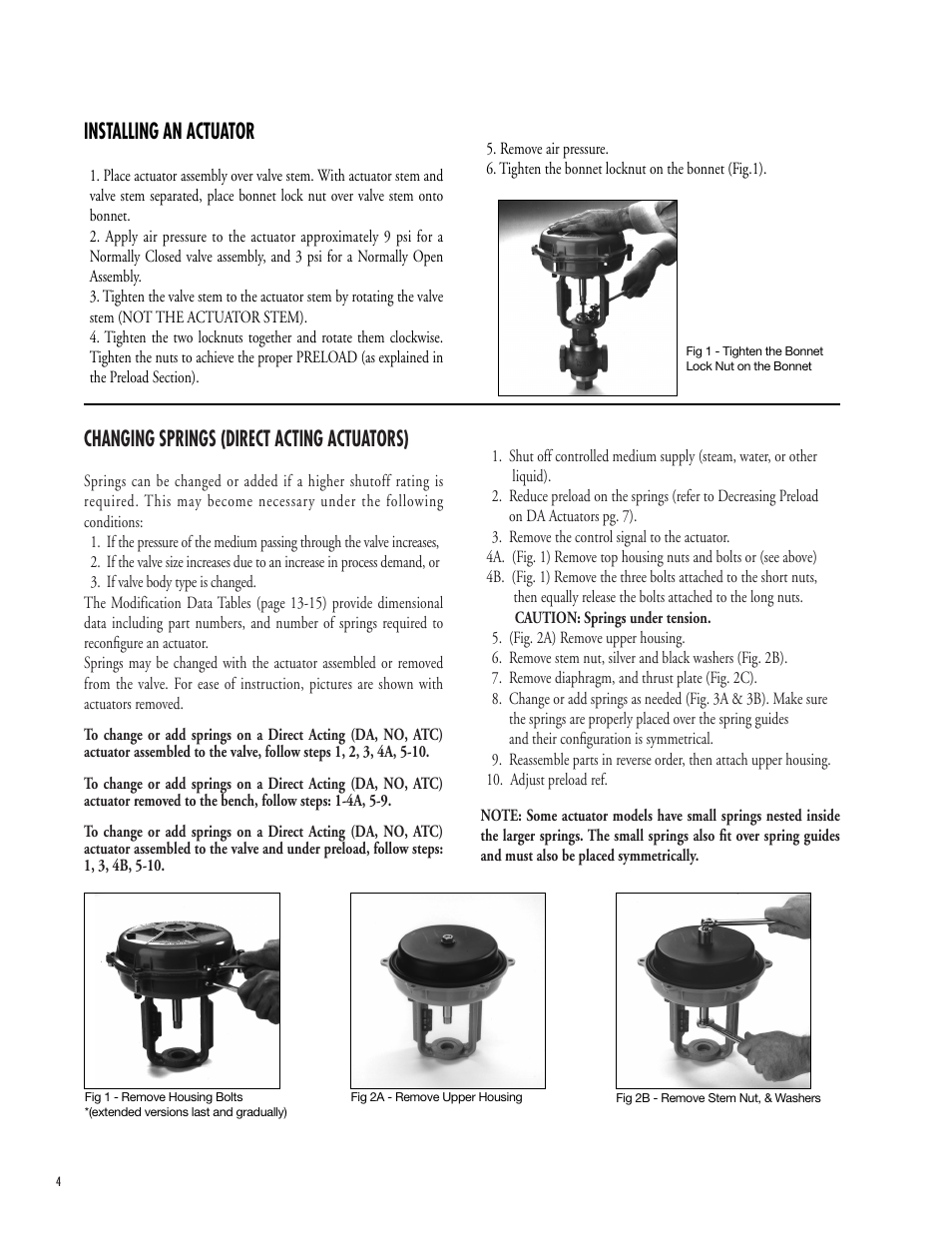 Changing springs (direct acting actuators), Installing an actuator | Powers 593 Series Flowrite II Heavy Duty Bronze Globe Control Valves User Manual | Page 4 / 16