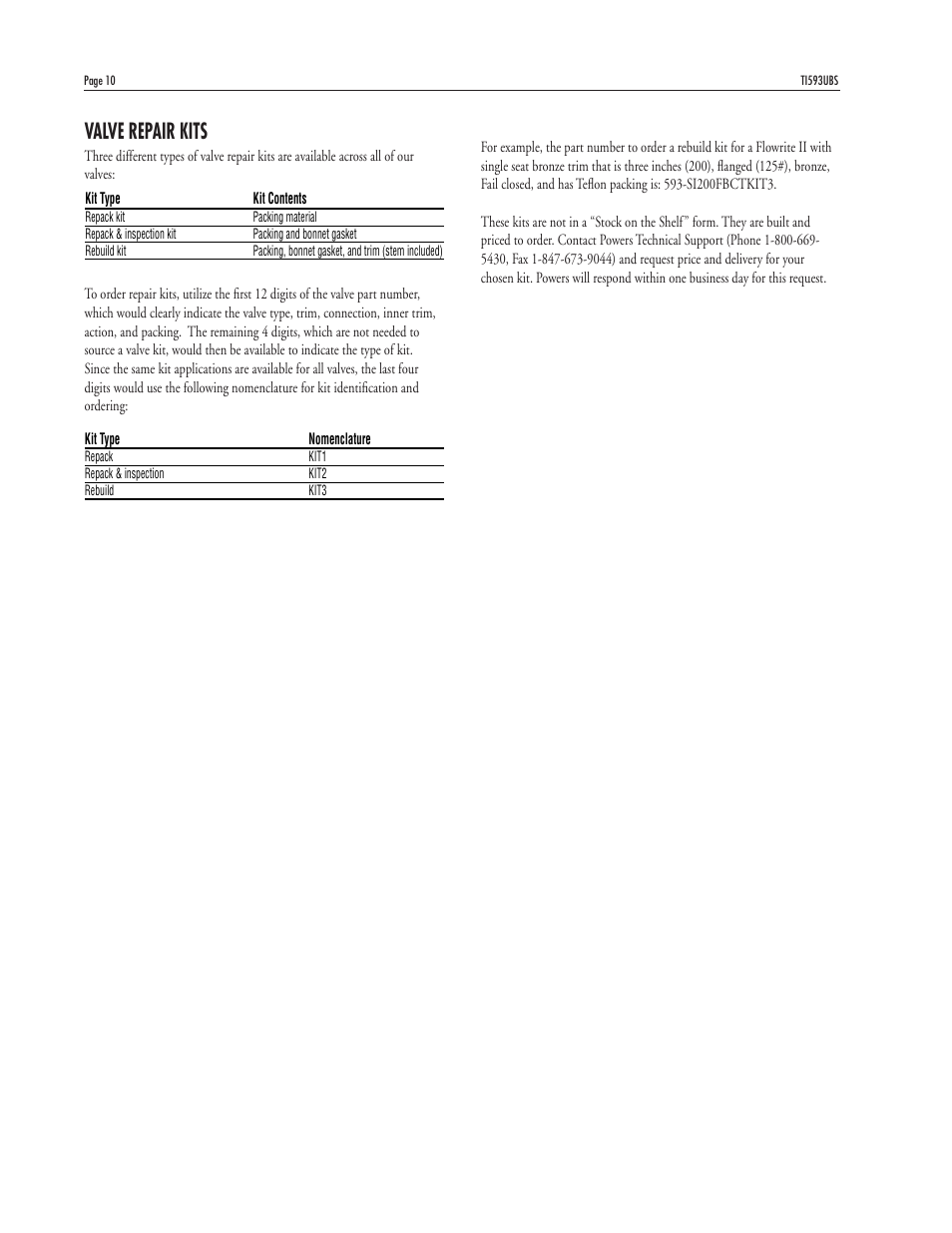 Valve repair kits | Powers 593 Series Flowrite II Heavy Duty Bronze Globe Control Valves - Heavy Duty Bronze User Manual | Page 10 / 16