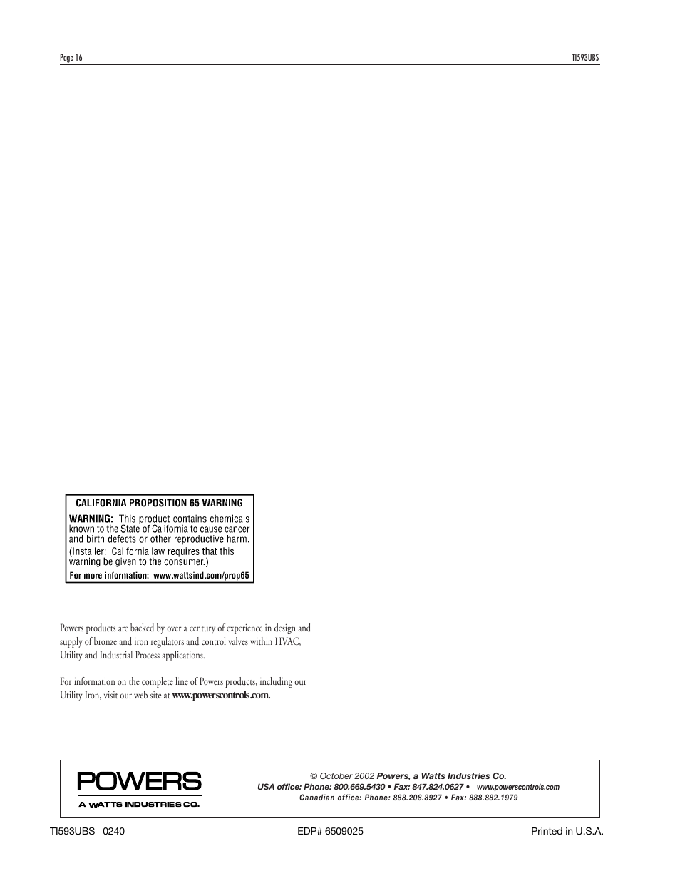 Powers 593 Series Flowrite II Heavy Duty Bronze Globe Control Valves - Heavy Duty Bronze User Manual | Page 16 / 16