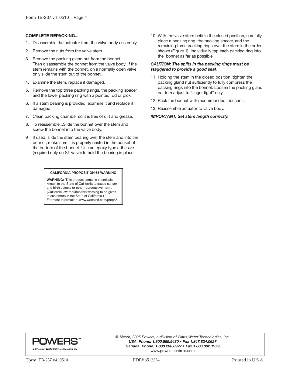 Powers 595 Series 11 Self-Operating Temperature Regulators - Packing User Manual | Page 4 / 4