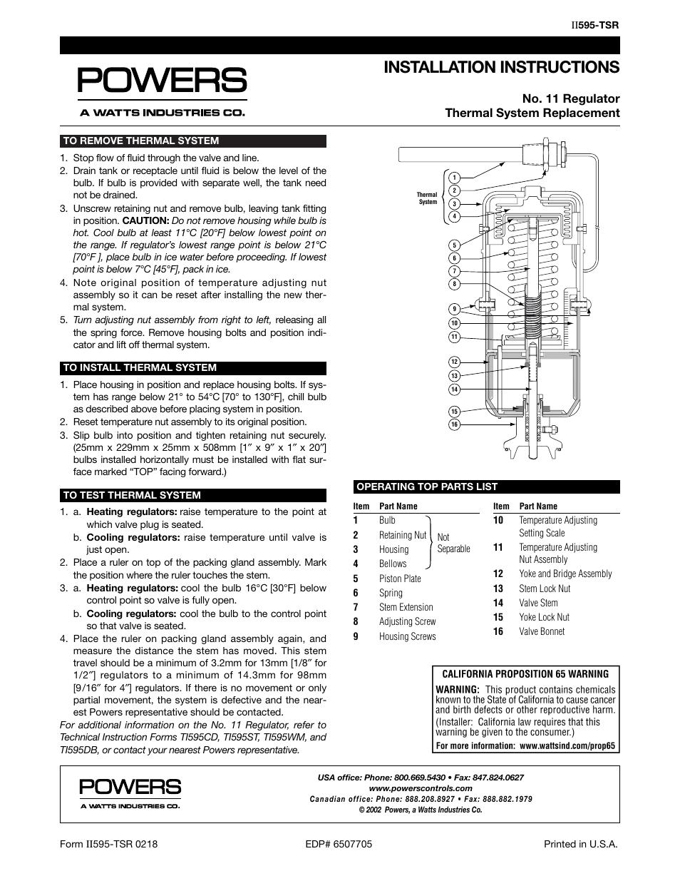 Powers 595 Series 11 Self-Operating Temperature Regulators - Thermal System User Manual | 1 page