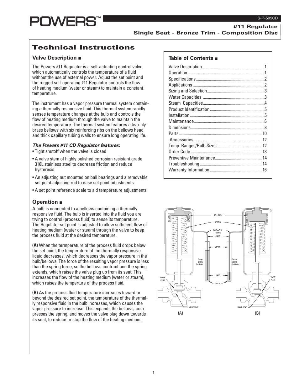 Powers 595 Series 11 Self-Operating Temperature Regulators - Type CD Composition Disc User Manual | 16 pages