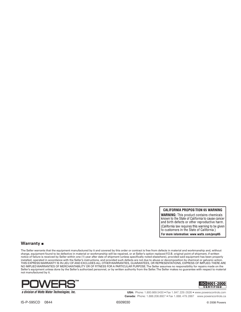 Warranty | Powers 595 Series 11 Self-Operating Temperature Regulators - Type CD Composition Disc User Manual | Page 16 / 16